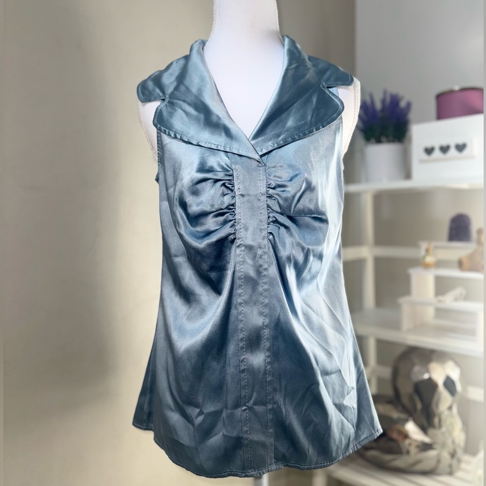 Vintage Blue Silk Blend Satin Ruched Blouse Sleeveless Collared Top Women’s M